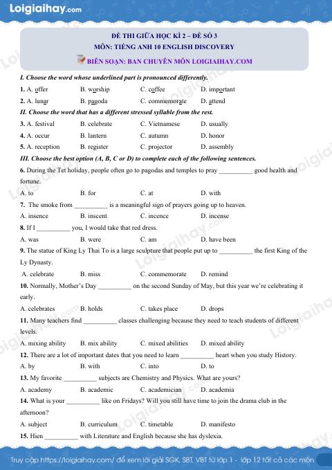 Đề thi giữa kì 2 Tiếng Anh 10 English Discovery - Đề số 3